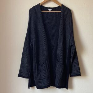 J Jill Wool Blend Herringbone Oversized Open Front Cardigan Black & Gray Small